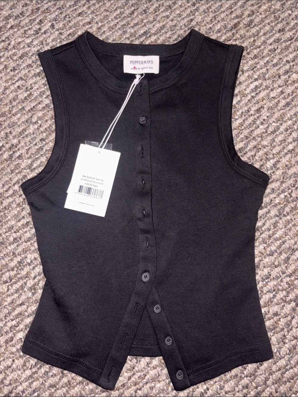 Peppermayo Black Ribbed Button-Front Tank
